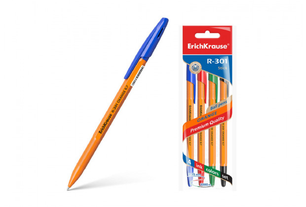 Ручка шар. R-301 Stick Orange 0.7  (пакет 4шт) син,зел,красн,черн   Erich Krause