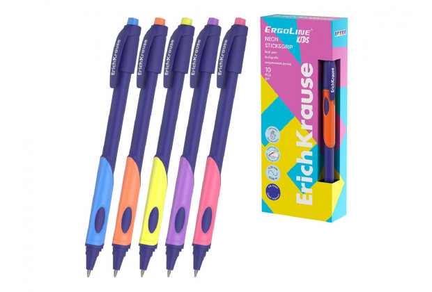 Ручка шар. ErgoLine Kids Stick&Grip Neon 0.5, Super Glide Technology,синий