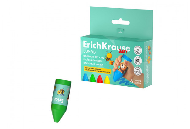 Мелки восковые 4цв Baby Jumbo Bee Wax утолщенные круглые Erich Krause