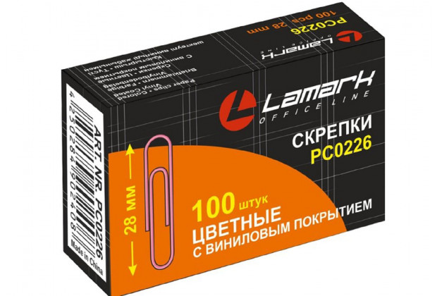 Скрепки 28мм 100шт цветные, с виниловым покрытием, LAMARK