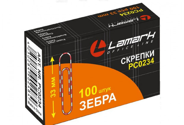 Скрепки 33мм 100шт зебра LAMARK