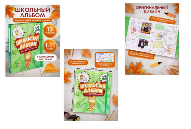 Фотоальбом школьный, 31 см х 26,2 см, на кольцах,  с твёрдой обложкой