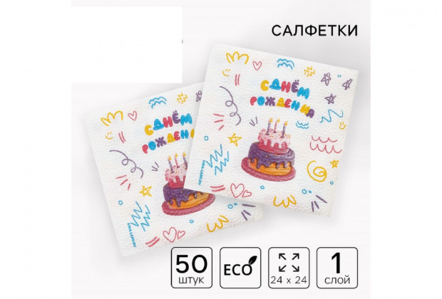 Салфетки бумажные С днем рождения,торт 24*24см 50шт